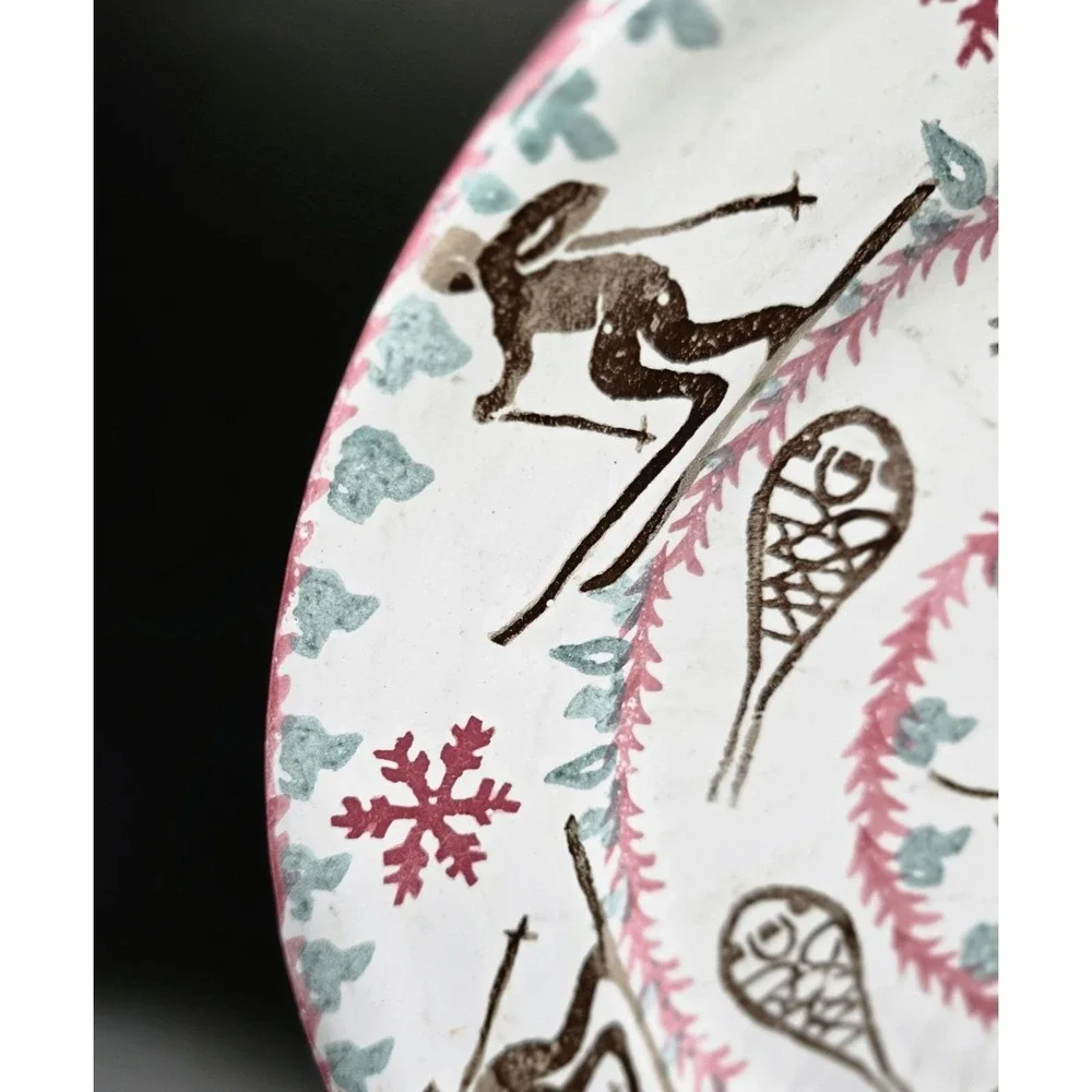 Vintage Vermont Lodge Studio Pottery Terracotta Plate Ski Snowshoe 11
